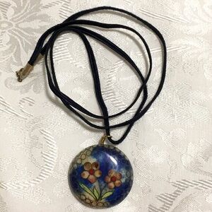 Vintage Cloisonne Round Puffy Pendant Necklace Blue Florals on Black Cord